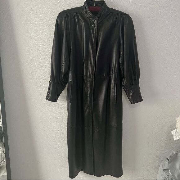 Vtg 80s Leather Coat Long Goth Whimsigoth Full Length Shoulder Pad Victorian L - Picture 4 of 15